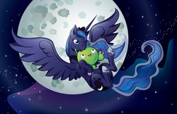 Size: 1920x1242 | Tagged: safe, artist:poofiemus, princess luna, alicorn, pony, g4, crossover, crown, female, final space, full moon, jewelry, mare, moon, mooncake (final space), night, regalia