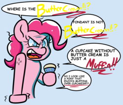 Size: 1159x994 | Tagged: safe, artist:tranzmuteproductions, pinkie pie, earth pony, pony, g4, angry, baking judge pinkie, comic, cross-popping veins, cupcake, cupcakes vs muffins, dialogue, female, food, mare, open mouth, shaking hoof, simple background, solo, speech bubble, trembling