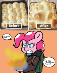 Size: 1024x1304 | Tagged: safe, artist:tranzmuteproductions, pinkie pie, earth pony, pony, g4, baking, baking judge pinkie, comic, dialogue, female, flamethrower, gritted teeth, mare, peeps, photo, solo, speech bubble, the thing, weapon