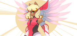 Size: 1374x640 | Tagged: safe, artist:ponycide, oc, oc only, oc:cheese breeze, anthro, anthro oc, blushing, clothes, costume, crossover, eyelashes, female, lidded eyes, looking at you, mercy, overwatch, smiling, smirk, solo, suit, tight clothing