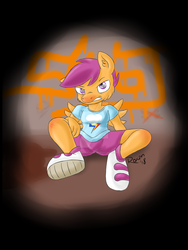 Size: 1024x1365 | Tagged: safe, artist:roxenmaratoun, scootaloo, pegasus, anthro, g4, clothes, deviantart watermark, female, obtrusive watermark, shirt, shorts, solo, watermark