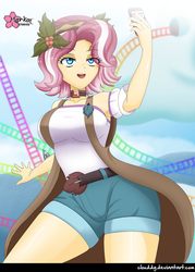 Size: 717x1000 | Tagged: safe, alternate version, artist:clouddg, vignette valencia, equestria girls, equestria girls series, g4, rollercoaster of friendship, breasts, busty vignette valencia, cellphone, clothes, female, human coloration, legs, open mouth, phone, selfie, shorts, signature, smartphone, solo, thighs, wide hips