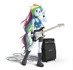 Size: 1200x1150 | Tagged: safe, artist:vyazinrei, rainbow dash, equestria girls, g4, amplifier, boots, clothes, female, guitar, guitar pick, midriff, musical instrument, shoes, shorts, simple background, solo, transparent background