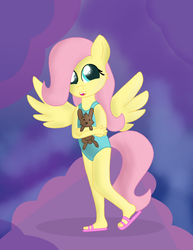 Size: 2550x3300 | Tagged: safe, artist:skyflys, fluttershy, pegasus, anthro, plantigrade anthro, g4, clothes, cute, female, filly, filly fluttershy, high res, one-piece swimsuit, sandals, solo, spread wings, swimsuit, wings, younger