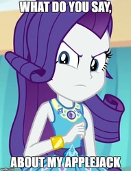 Size: 500x654 | Tagged: safe, edit, edited screencap, screencap, rarity, equestria girls, equestria girls specials, g4, my little pony equestria girls: better together, my little pony equestria girls: rollercoaster of friendship, angry, caption, cropped, geode of shielding, image macro, implied lesbian, implied rarijack, implied shipping, meme, protecting, rarity peplum dress, text