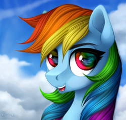 Size: 2050x1950 | Tagged: dead source, safe, artist:vird-gi, rainbow dash, pegasus, pony, g4, bust, cloud, female, open mouth, sky, solo
