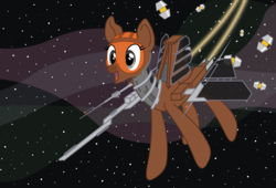 Size: 3000x2042 | Tagged: safe, artist:novafusion, oc, oc only, oc:gravity cap, original species, plane pony, pony, eve echos, eve online, excited, high res, minmatar, nebula, open mouth, plane, scanning, smiling, solar panel, solo, space, space ship, stars, vector