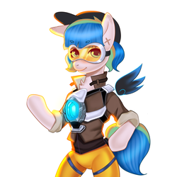 Size: 1500x1500 | Tagged: safe, artist:yasuokakitsune, oc, pegasus, pony, clothes, commission, cosplay, costume, floating wings, game, leggings, overwatch, solo, tracer, wings, ych result