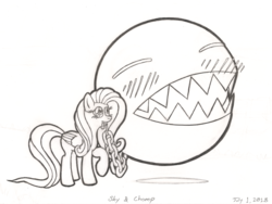 Size: 4000x3000 | Tagged: safe, artist:fascismnotincluded, fluttershy, chain chomp, pony, g4, female, high res, monochrome, simple background, solo, super mario bros. 3, the legend of zelda, the legend of zelda: link's awakening, traditional art, white background
