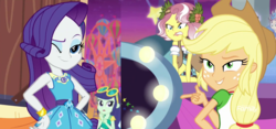 Size: 2297x1076 | Tagged: safe, screencap, applejack, blueberry cake, rarity, vignette valencia, equestria girls, equestria girls series, g4, rollercoaster of friendship, duo, female, geode of shielding, one eye closed, shipping fuel, smiling, wink