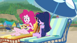 Size: 1280x720 | Tagged: safe, screencap, feather bangs, pinkie pie, sci-twi, twilight sparkle, equestria girls, friendship math, g4, my little pony equestria girls: better together, bare shoulders, bareback, barefoot, clothes, duo, duo female, feet, female, geode of sugar bombs, one-piece swimsuit, pinkie pie swimsuit, sci-twi swimsuit, sleeveless, swimsuit, umbrella