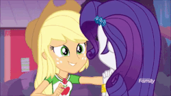 Size: 480x270 | Tagged: safe, screencap, applejack, rarity, equestria girls, equestria girls specials, g4, my little pony equestria girls: better together, my little pony equestria girls: rollercoaster of friendship, animated, blushing, cute, discovery family logo, duo, female, geode of super strength, gif, magical geodes, shipping fuel
