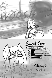 Size: 3200x4820 | Tagged: safe, artist:spheedc, oc, oc only, oc:sweet corn, earth pony, pony, clothes, digital art, female, grayscale, mare, monochrome, onomatopoeia, rpg, solo, stats, tire tracks