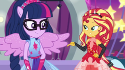 Size: 1280x720 | Tagged: safe, screencap, sci-twi, sunset shimmer, twilight sparkle, equestria girls, equestria girls specials, g4, my little pony equestria girls: better together, my little pony equestria girls: rollercoaster of friendship, duo, female, ponied up, sci-twilicorn, shipping fuel, super ponied up
