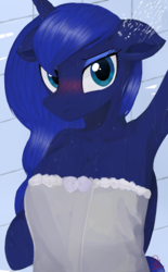 Size: 2500x4035 | Tagged: safe, artist:yunyeyoung, princess luna, anthro, g4, arm hooves, armpits, blushing, breasts, busty princess luna, cleavage, female, floppy ears, mare, naked towel, shower, solo, towel, unamused, wet