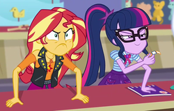 Size: 807x516 | Tagged: safe, screencap, sci-twi, sunset shimmer, twilight sparkle, equestria girls, equestria girls specials, g4, my little pony equestria girls: better together, my little pony equestria girls: rollercoaster of friendship, angry, duo, faic, geode of empathy, geode of telekinesis