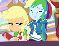 Size: 931x719 | Tagged: safe, screencap, applejack, rainbow dash, sunset shimmer, equestria girls, equestria girls specials, g4, my little pony equestria girls: better together, my little pony equestria girls: rollercoaster of friendship, cellphone, cute, dashabetes, duo focus, eyes closed, female, geode of super speed, geode of super strength, magical geodes, phone, smartphone, smiling