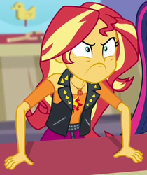 Size: 409x487 | Tagged: safe, screencap, sunset shimmer, equestria girls, g4, rollercoaster of friendship, >:c, angry, cropped, female, frown, grumpy, offscreen character, solo focus
