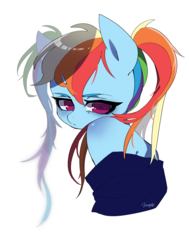 Size: 1300x1720 | Tagged: safe, artist:potetecyu_to, rainbow dash, pegasus, anthro, g4, alternate hairstyle, clothes, female, looking at you, pigtails, simple background, solo, twintails, white background