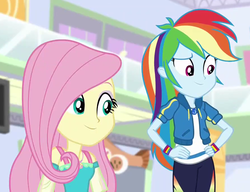 Size: 888x683 | Tagged: safe, screencap, fluttershy, rainbow dash, equestria girls, equestria girls specials, g4, my little pony equestria girls: better together, my little pony equestria girls: rollercoaster of friendship, cropped, duo, female, geode of fauna, geode of super speed, magical geodes