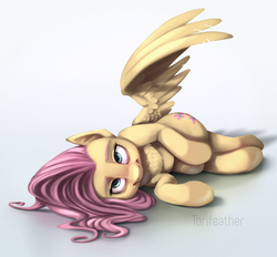Size: 2301x2136 | Tagged: safe, artist:torifeather, fluttershy, pegasus, pony, g4, female, gradient background, high res, looking at you, looking up, lying down, mare, on side, one wing out, simple background, smiling, solo, white background