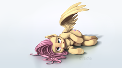 Size: 3797x2136 | Tagged: safe, artist:torifeather, edit, fluttershy, pony, g4, female, high res, lying, simple background, smiling, solo, wallpaper, wallpaper edit, white background
