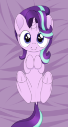 Size: 1121x2105 | Tagged: safe, artist:noosa, starlight glimmer, pony, unicorn, g4, bed, blanket, c:, cute, dock, female, frog (hoof), glimmerbetes, legs in air, looking at you, mare, on back, smiling, solo, underhoof