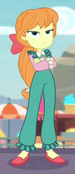 Size: 226x521 | Tagged: safe, screencap, megan williams, megan williams (g4), equestria girls, equestria girls specials, g1, g4, my little pony equestria girls: better together, my little pony equestria girls: rollercoaster of friendship, bow, cameo, cropped, crossed arms, female, g1 to equestria girls, generation leap, hair bow, looking at you, megan williams is not amused, overalls, solo, unamused