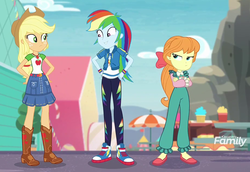 Size: 920x632 | Tagged: safe, screencap, applejack, megan williams, megan williams (g4), rainbow dash, equestria girls, equestria girls specials, g1, g4, my little pony equestria girls: better together, my little pony equestria girls: rollercoaster of friendship, cameo, clothes, converse, female, g1 to equestria girls, generation leap, geode of super speed, geode of super strength, magical geodes, megan williams is not amused, shoes, sneakers, unamused