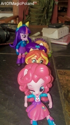 Size: 718x1280 | Tagged: safe, artist:artofmagicpoland, derpibooru exclusive, adagio dazzle, pinkie pie, rarity, sunset shimmer, equestria girls, g4, doll, equestria girls minis, eqventures of the minis, female, irl, photo, the ride never ends, toy