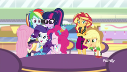 Size: 1920x1080 | Tagged: safe, screencap, applejack, fluttershy, pinkie pie, rainbow dash, rarity, sci-twi, sunset shimmer, twilight sparkle, equestria girls, equestria girls specials, g4, my little pony equestria girls: better together, my little pony equestria girls: rollercoaster of friendship, discovery family logo, female, geode of empathy, geode of shielding, geode of sugar bombs, geode of super strength, happy, humane five, humane seven, humane six, open mouth, smiling