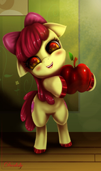 Size: 3200x5400 | Tagged: safe, artist:darksly, apple bloom, earth pony, pony, g4, apple, female, food, fruit, hoof hold, indoors, open mouth, rearing, smiling, solo