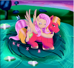 Size: 1024x938 | Tagged: safe, artist:cianna200, big macintosh, fluttershy, pony, g4, eyes closed, female, hug, hug from behind, male, neck hug, ship:fluttermac, shipping, straight, straw in mouth