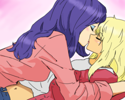 Size: 800x640 | Tagged: safe, artist:eulicious, applejack, rarity, human, g4, blushing, clothes, eyes closed, female, humanized, kissing, lesbian, passionate, ship:rarijack, shipping, simple background