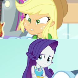 Size: 1080x1080 | Tagged: safe, screencap, applejack, rarity, equestria girls, equestria girls series, g4, rollercoaster of friendship, angry, caption this, crying, geode of shielding, geode of super strength, magical geodes