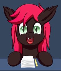 Size: 2102x2445 | Tagged: safe, artist:galacticham, oc, oc only, oc:midnight scribbles, bat pony, pony, bat pony oc, cute, fangs, femboy, high res, looking at you, male, smiling, stallion