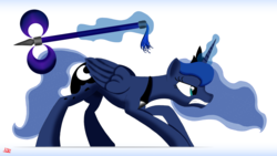 Size: 5870x3321 | Tagged: safe, artist:romeoechodelta, princess luna, pony, g4, axe, female, magic, simple background, solo, weapon, white background