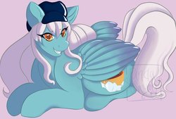 Size: 1024x691 | Tagged: safe, artist:pandasayori, oc, oc only, oc:ice, pegasus, pony, cap, female, hat, mare, prone, solo