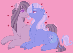 Size: 2963x2178 | Tagged: safe, artist:sodaaz, marble pie, trixie, earth pony, pony, g4, couple, crack shipping, curved horn, female, heart, high res, horn, leonine tail, lesbian, lidded eyes, looking at each other, mare, pink background, ship:marbixie, shipping, simple background, unshorn fetlocks
