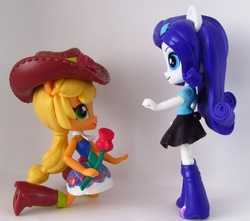 Size: 1244x1101 | Tagged: safe, artist:whatthehell!?, applejack, rarity, equestria girls, g4, boots, clothes, cute, doll, dress, equestria girls minis, female, flower, hat, lesbian, rose, ship:rarijack, shipping, shoes, skirt, toy