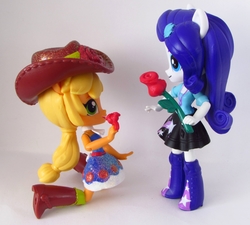 Size: 1335x1200 | Tagged: safe, artist:whatthehell!?, applejack, rarity, equestria girls, g4, boots, clothes, cute, doll, dress, equestria girls minis, female, flower, hat, lesbian, ring, rose, ship:rarijack, shipping, shoes, skirt, toy