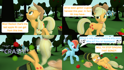 Size: 3840x2160 | Tagged: safe, artist:red4567, applejack, rainbow dash, earth pony, pegasus, pony, g4, 3d, apple, basket, comic, duo, food, high res, loss (meme), seven songs and a story, silly, silly pony, singing, song reference, source filmmaker, tempting fate, tripping, who's a silly pony
