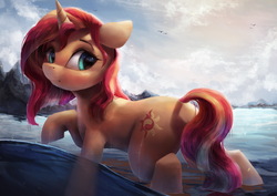 Size: 3600x2550 | Tagged: safe, artist:vanillaghosties, sunset shimmer, bird, pony, unicorn, g4, beach, beautiful, cute, female, floppy ears, high res, looking back, mare, raised hoof, shimmerbetes, sky, solo, water, wet