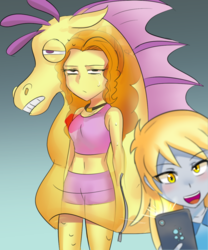 Size: 600x720 | Tagged: safe, artist:tzc, adagio dazzle, derpy hooves, siren, equestria girls, equestria girls specials, g4, my little pony equestria girls: better together, my little pony equestria girls: rollercoaster of friendship, belly button, cellphone, clothes, costume, duo, female, headcanon, humiliation, midriff, phone, smartphone, x-ray