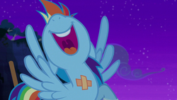 Size: 1280x720 | Tagged: safe, screencap, rainbow dash, pegasus, pony, g4, newbie dash, bandage, female, floppy ears, mare, mawshot, nose in the air, open mouth, solo, spread wings, uvula, volumetric mouth, wings