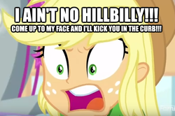 Size: 649x432 | Tagged: safe, edit, edited screencap, screencap, applejack, equestria girls, equestria girls specials, g4, my little pony equestria girls: better together, my little pony equestria girls: rollercoaster of friendship, angry, caption, death threat, excessive exclamation marks, hat, hillbilly, image macro, meme, stereotype, threat, wide eyes
