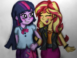 Size: 2000x1500 | Tagged: safe, artist:inktheblot, sunset shimmer, twilight sparkle, equestria girls, g4, my little pony equestria girls: better together, blush sticker, blushing, eyes closed, female, geode of empathy, holding arms, holding hands, lesbian, magical geodes, ship:sunsetsparkle, shipping, simple background, traditional art