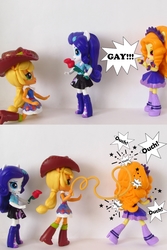 Size: 791x1183 | Tagged: safe, artist:whatthehell!?, edit, adagio dazzle, applejack, rarity, equestria girls, g4, boots, clothes, doll, dress, equestria girls minis, eqventures of the minis, female, flower, hat, homophobia, irl, lesbian, photo, rose, ship:rarijack, shipping, shoes, skirt, toy, whip