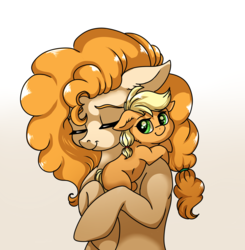 Size: 1963x2000 | Tagged: safe, artist:marbola, applejack, pear butter, earth pony, pony, g4, cute, duo, eyes closed, female, filly, filly applejack, gradient background, hnnng, mare, mother and daughter, simple background, white background, younger