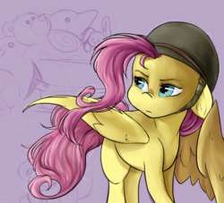 Size: 581x528 | Tagged: safe, artist:midnightpremiere, fluttershy, dolphin, pegasus, pony, rabbit, g4, box, female, helmet, looking back, mare, plushie, purple background, simple background, sketch, solo, teddy bear, wip